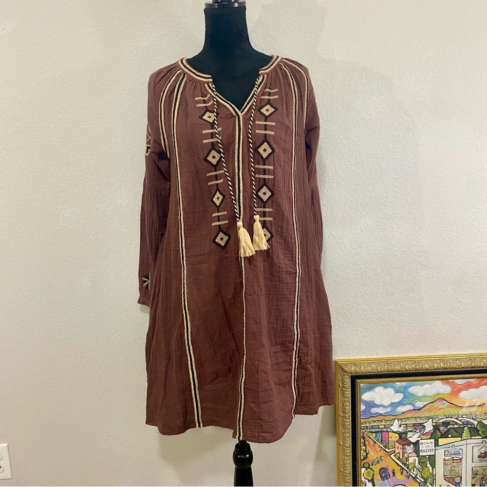 Uncle Frank‎ Brown 100% Cotton Dress/Tunic with Embroidery, Tasseled, Size Small
